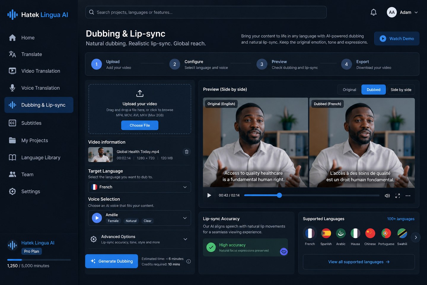 Hatek Lingua AI side-by-side dubbing and lip-sync review interface