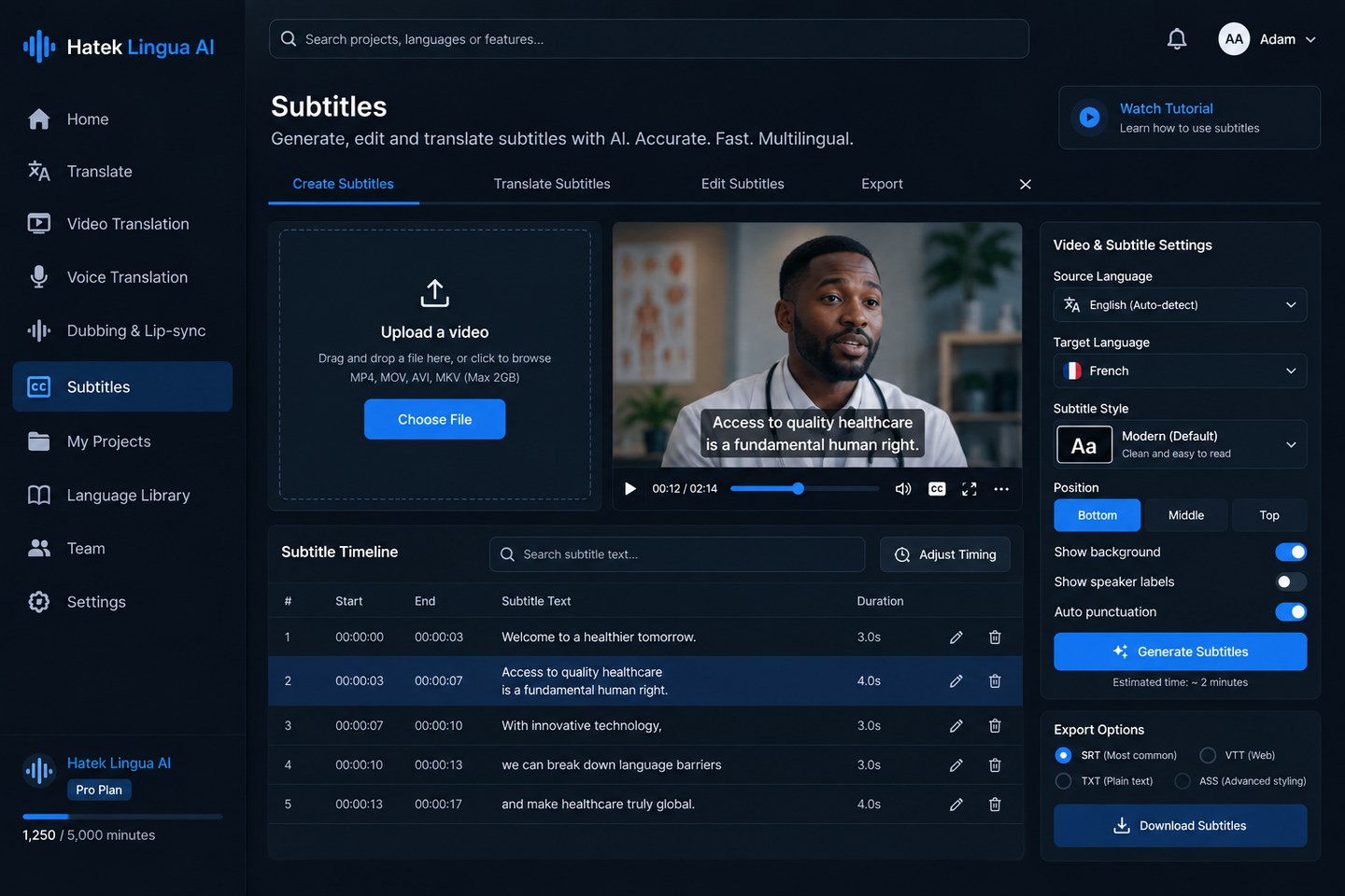 Hatek Lingua AI subtitles workspace