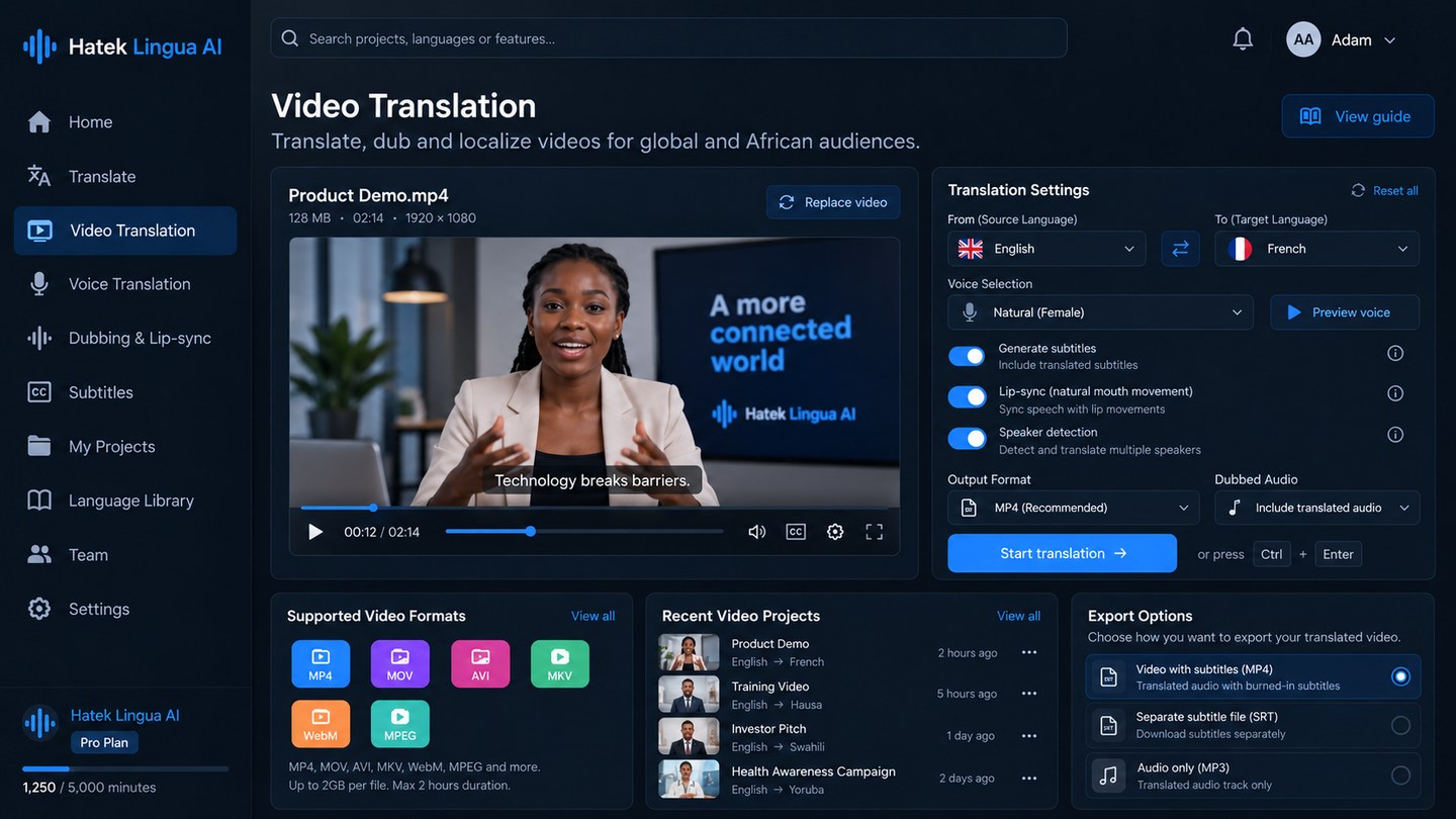Hatek Lingua AI private video localisation workspace